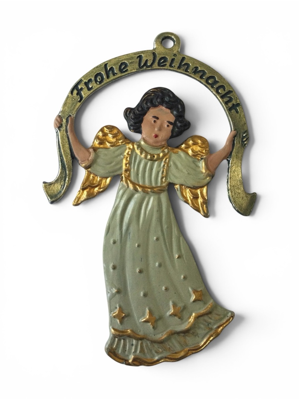 Vtg KUEHN ZINN German Hand-Painted Pewter Angel Ornament - "Frohe Weihnach"